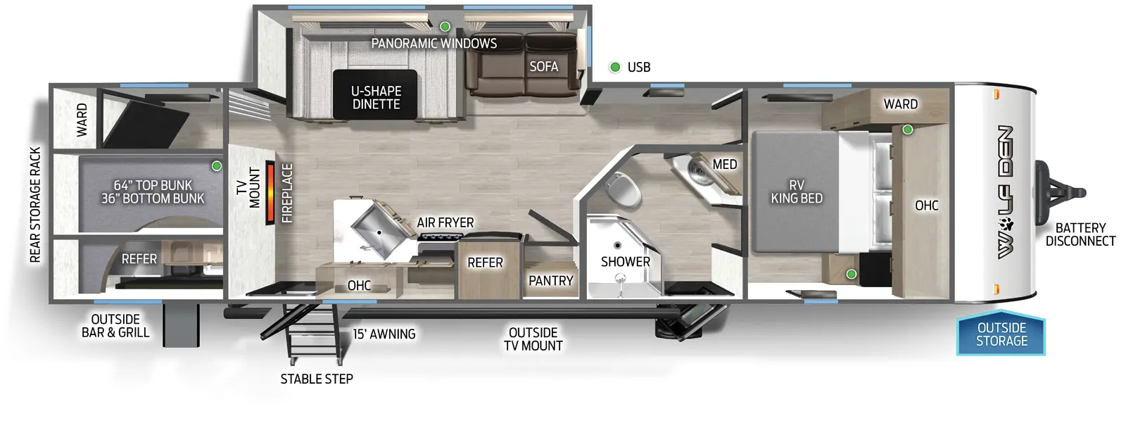 The Cherokee Black Label 294GEBGBL floorplan has two entries and one slide out. Exterior features include: fiberglass exterior, 15' awning and outside kitchen. Interiors features include: bunk beds, u-dinette and front bedroom.